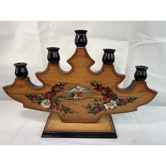 Other - Vtg 1984 Hand‎ Painted Country Scent Floral 5 Arm Wood Candle Holder Signed 18”
